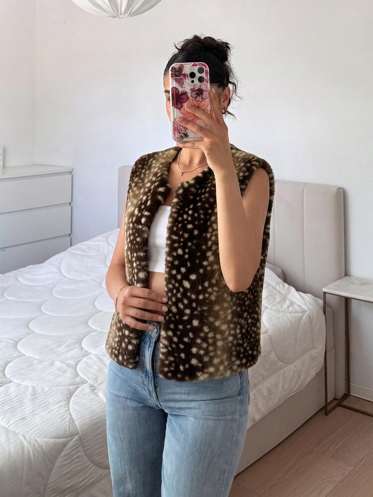 SHEIN EZwear 女款棕色動物印花人造毛皮背心 - 咖啡棕 - 查看 5