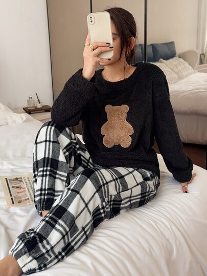 Napfluff 2pcs/Set Minimalist Bear Long Sleeve Top & Plaid Pants Pajamas Homewear