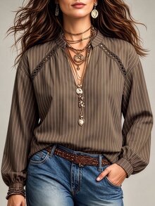 Linhara CURVE Plus Size Casual Brown Striped V-Neck Lace Patchwork Long Sleeve Blouse - Coffee Brown - View 1