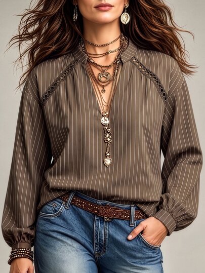 Linhara CURVE Blusa de manga larga con cuello en V, rayas marrones y patchwork de encaje, talla grande, estilo casual