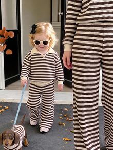 SHEIN Baby Girl Thick Elastic Ribbed Half-Zip Pullover Top And Straight Leg Thick Pants, Suitable For Winter - Brown - View 8