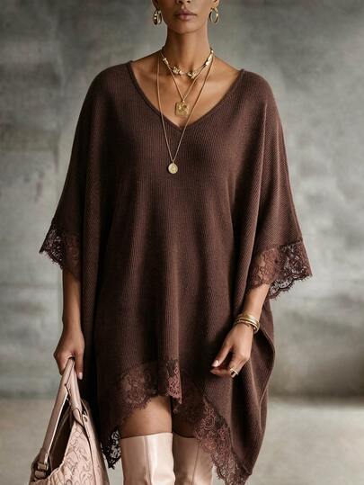 Linhara CURVE Women's Plus Size Vintage Dark Brown V-Neck Cape Knit Lace Patchwork Loose Pullover Top, Autumn/Winter T-Shirt