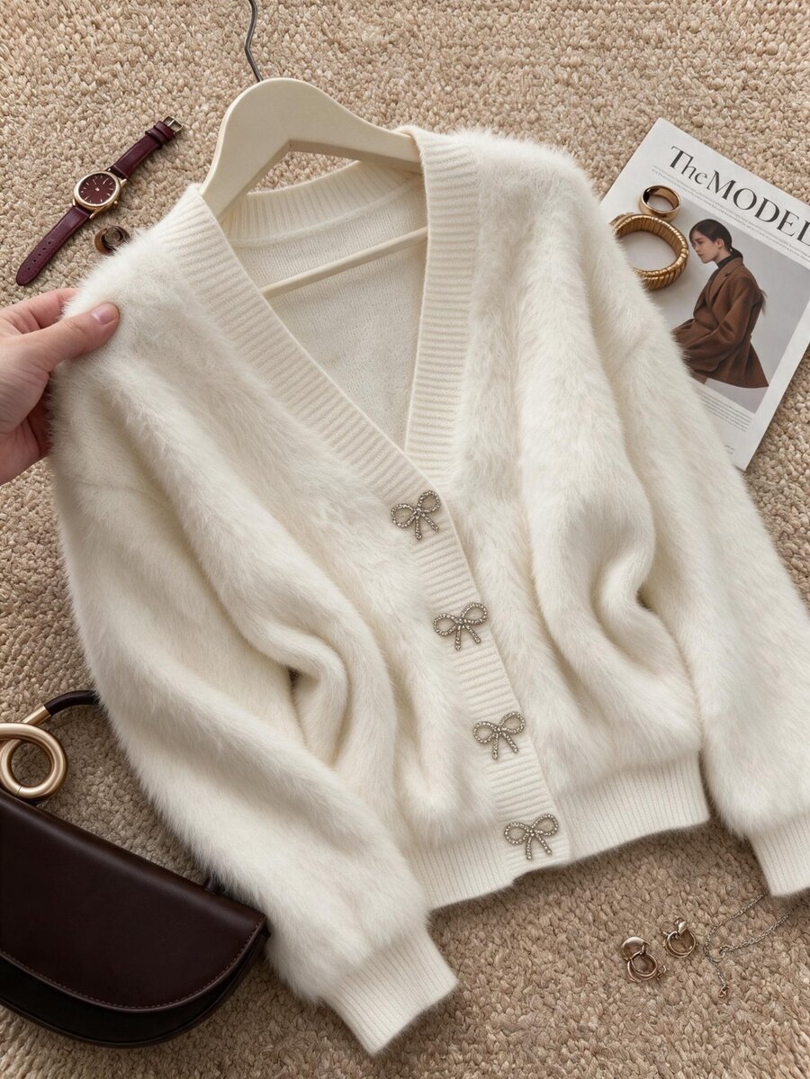 Grovea Plus Size Bow Decor Fluffy V-Neck Long Sleeve Knit Cardigan, Soft Fuzzy Sweater Jacket For Autumn/Winter - White - View 1