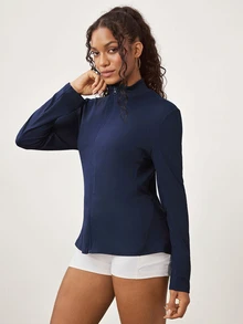 SHEIN Core Rhythm جاكيت رياضي نسائي بلون موحد مع سحاب كاجوال متعدد الاستخدامات بأكمام طويلة - أزرق بحري - مشاهدة 4