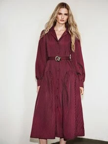 Aveloria Modichic French Elegant Vintage Commuter Burgundy Vertical Striped Blazer Collar Asymmetric Metal Buckle Belt Lantern Sleeve Long Sleeve Dress - Burgundy - View 3