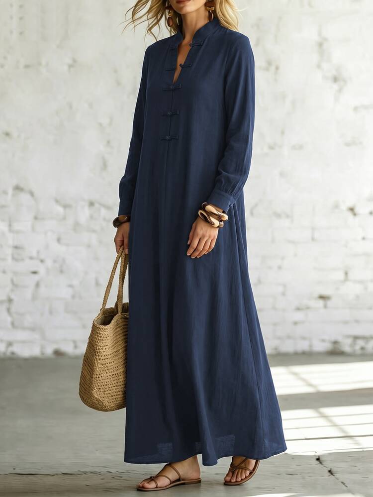 Omancia Women's Solid Color Stand-Up Collar New Chinese Style National Windfall Drop Flared Placket Loose Long Sleeve Modified Cheongsam Robe Coffee Brown Lon - Navy Blue - View 3
