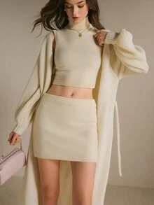 Poéselle Women's High Neck Streetwear Tank Top And Mini Skirt Knit Two Pieces Set,Street-Style Turtleneck Sweater Set-Perfect For An Autumn Or Winter - White - View 5
