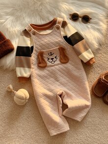 SHEIN 中性嬰兒男嬰/女嬰、幼兒 2 件組秋冬抓絨加厚可愛條紋運動衫套裝，小狗圖案吊帶褲套裝，嬰兒冬季衣物，聖誕 - 鏽棕色 - 查看 6