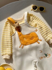 SHEIN 中性新生兒男嬰 2件組秋冬保暖內裡加厚可愛長頸鹿吊帶褲與運動衫套裝，嬰兒冬季服飾套裝，聖誕 - 黃色 - 查看 4