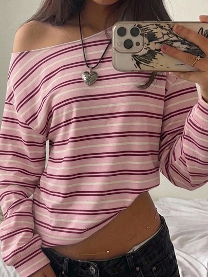 SHEIN EZwear Women's Loose Asymmetrical Shoulder Pink & Brown Striped Sweatshirt, College Style Back To School, Casual Minimalist Sporty Streetwear Versatile Party Gathering Airport Outfit Y2K Tops, Women's Autumn Clothing, Autumn Outfit, Women's Commute Outfit, All-Match Top, Outing Outfit, Airport Outfit