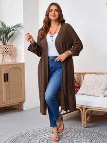 SHEIN Tall CURVE 大尺碼女款秋冬辦公室度假正式晚餐外穿長款開襟大衣，棕色秋季商務休閒寬鬆優雅 - 咖啡棕 - 查看 4