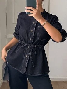 DAZY Women's Button Drawstring Pocket Button Denim Jacket - Dark Wash - View 7