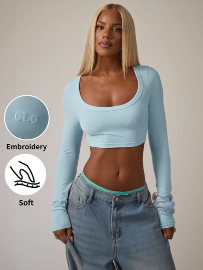 SHEIN BAE Blue Long Sleeve Crop Top, Fall Going Out Sexy Tops, Y2K Tight Scoop Neck Top, Streetwear Cute Tops, Party Club Top,Casual Tee