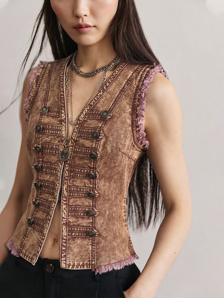 Bohemela Casual Brown Woven Washed Women's Vest Jacket - Brown - View 2