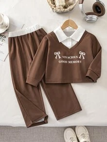 SHEIN Elladie kids 2pcs/Set Girls' Vintage Preppy Outfit, Matching Solid Color Straight-Leg Pants, Clean Fit, Suitable For School And Weekend Outings, Versatile Spring/Autumn Set - Brown - View 8