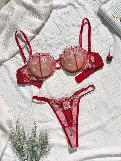 CottageSlumber 2pcs Embroidered Floral Underwire Molded Cup Push Up Gathered Comfy Balconette Cute Fresh Romantic Backless Bow Babydoll Lingerie Set For Women