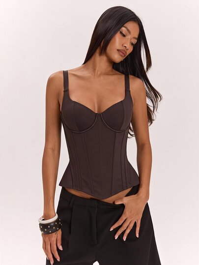 SHEIN BAE Atasan Korset Tanpa Lengan Model Bustier dengan Leher Bentuk Hati Warna Cokelat Tua untuk Musim Gugur dan Musim Dingin, Cocok untuk Pesta Hari Thanksgiving dan Hari Orang Mati.