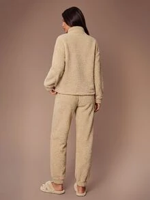 Lazeform Winter Ins Sweet Solid Color Loose Thermal Lined Loungewear Set - Khaki - View 2