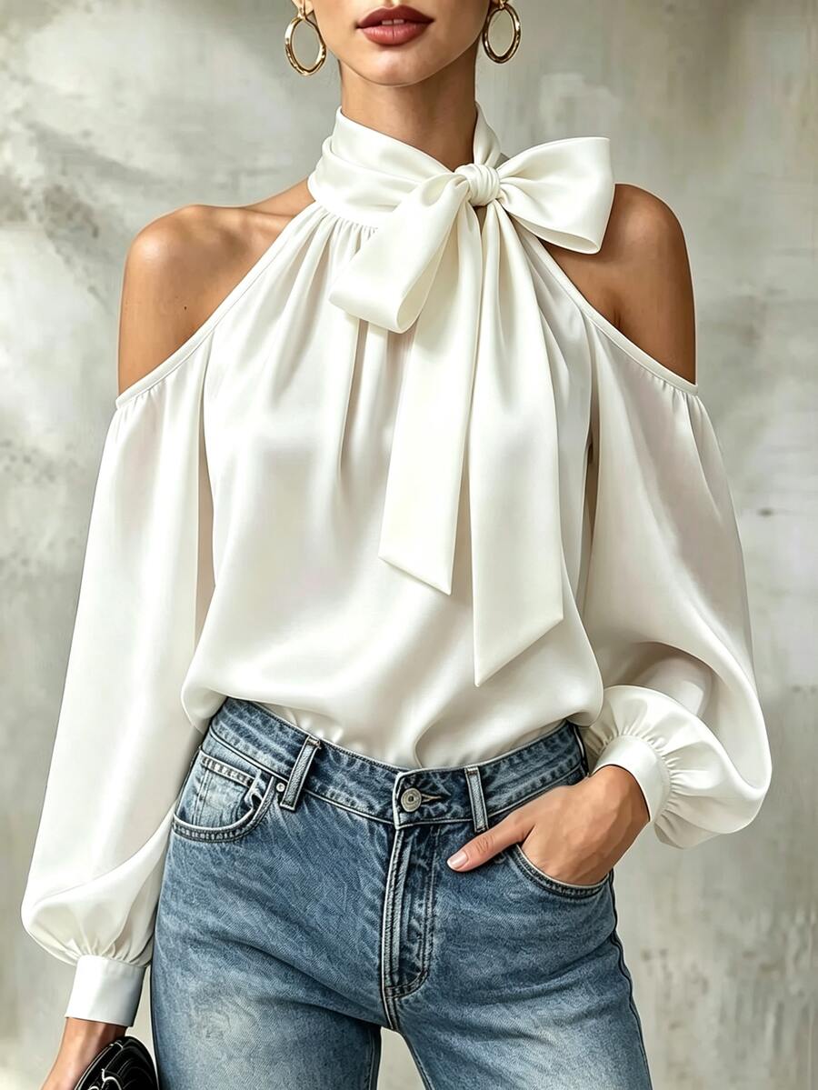 INAWLY French Style Satin Bow Cold Shoulder Tie Blouse - White - View 1
