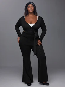 Voyena Women's Plus Size Solid Color Long Sleeve Top And Flare Leg Pants Casual Daily Sports Set - Black - View 5