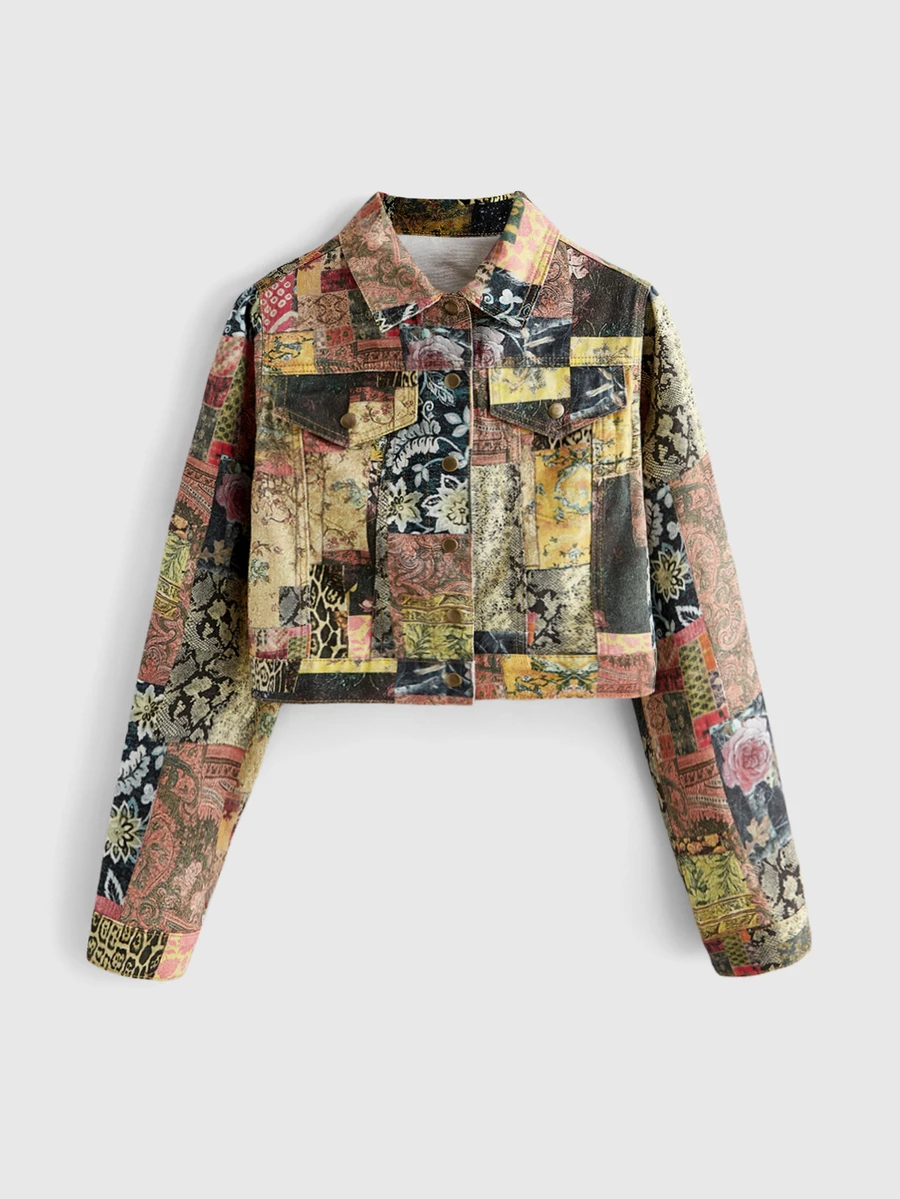 ROMWE Y2K Vintage Distressed Western Hot Girl Animal Print Patchwork Autumn/Winter Women's Denim Jacket And Coat - Khaki - View 1