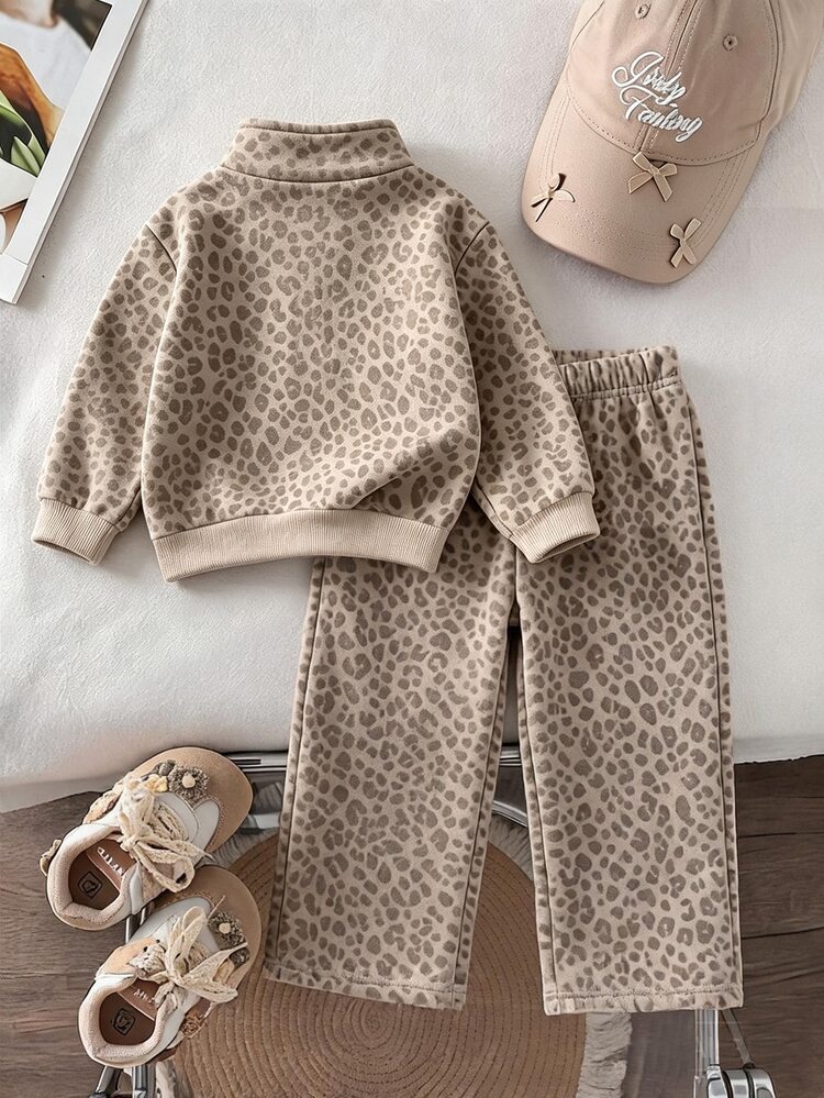 Baby Girl Leopard Print Long Sleeve Sweatshirt And Sweatpants Casual Daily Outfit - Beige - View 2