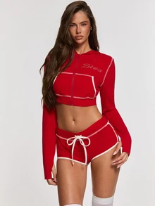 Opulessa Women's Letter Rhinestone Zipper Placket Cropped Hoodie & Shorts Casual 2 Pieces Set - Red - View 4