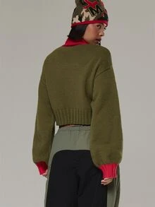 Musera Sport High Neck Contrast Colour Embroidered Logo Balloon Sleeve Cropped Knitted Jumper Active Fall Winter - Army Green - View 5