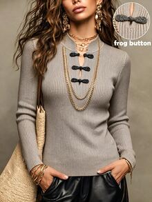 SHEIN New Chinese Style Stand Collar Ribbed Knit Top With Traditional Frog Buttons - Camel - View 8