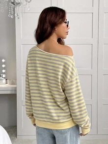 SHEIN EZwear 女款不對稱肩寬鬆黃灰條紋運動衫，休閒極簡日常百搭派對聚會機場穿搭 Y2K 上衣，女款秋季服飾，秋季穿搭，女款通勤穿搭，百搭上衣，外出穿搭，機場穿搭 - 彩色 - 查看 2
