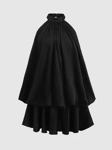 SHEIN 青少年女孩純色百褶休閒日常掛脖洋裝 - 黑色 - 查看 2