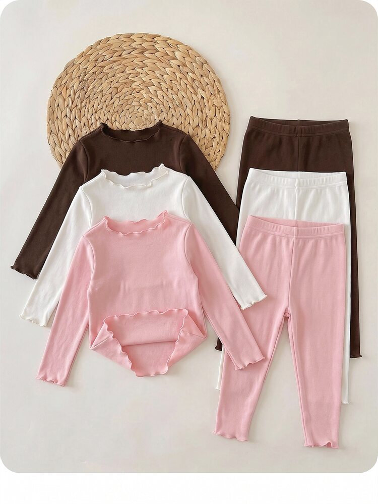 Babygirl Cute Casual Knit Solid Color Long Sleeve Top & Elastic Waist Long Pants 6-Piece Set - Multicolor - View 3