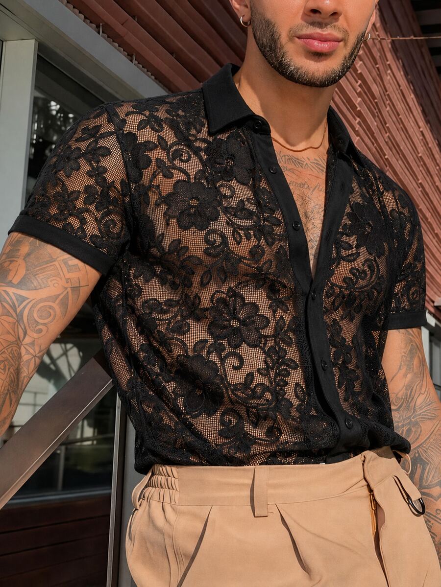 Manfinity Homme Kemeja Kasual Jacquard Pria Ukuran Besar, Cocok untuk Acara Sosial - Hitam - View 1