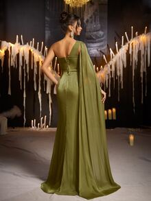 Glamrae Elegant Olive Green Satin Chiffon Glitter Rhinestone Beaded One Shoulder Draped Ruched Cape Slit Train Wedding Guest Prom Ball Autumn Evening Gown - Mustard Yellow - View 4