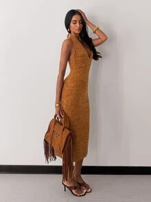SHEIN Glamour Women's Solid Color Casual Daily Summer Knit Halter Neck Dress - Multicolor - View 6