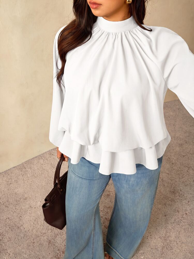 Auralis Coffee Brown Raglan Long Sleeve Plus Size Loose Waist Elastic Ruffle Hem Pullover Blouse Casual Top Elegant Office Formal Business Work Women Autumn - White - View 4