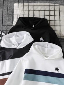 SHEIN 6件組買3送3兒童青少年男孩休閒百搭條紋拼接連帽衛衣與慢跑褲套裝，抓絨內裡加厚，適合秋冬、學校、家庭聚會、開學季、運動，秋季穿搭，冬季穿搭 - 彩色 - 查看 7