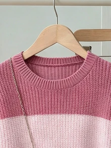SHEIN 青少年女孩條紋拼色長袖針織衫，適合秋冬穿著 - 彩色 - 查看 4