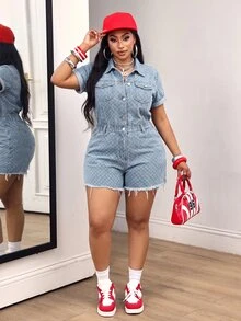 Slaydiva Plus Size Jacquard Button Pocket Frayed Hem Denim Romper - Blue - View 5