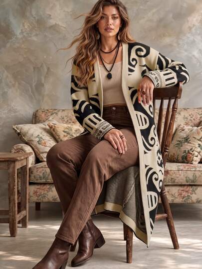 Ceyna Plus Size Women's Fashion Vintage Jacquard Long Khaki & Black Cardigan Sweater, Casual Versatile Autumn/Winter Outerwear For Daily Commute