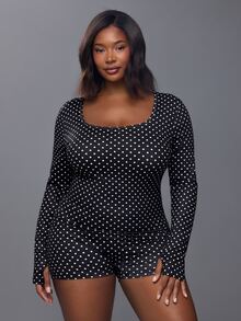Voyena Women's Plus Size Polka Dot Print Long Sleeve Athletic Romper Fall - Black - View 5