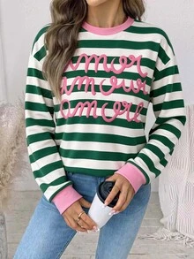 SHEIN LUNE 女款休閒字母條紋拼接色塊運動衫，適合秋冬穿搭 - 白色 - 查看 7