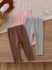 SHEIN Vintaside Kids 3件組女嬰褲 桃紅與白色條紋 秋季休閒度假款 夏季純色棉質褲 簡約甜美風 直筒寬鬆版型 - 彩色 - 查看 2