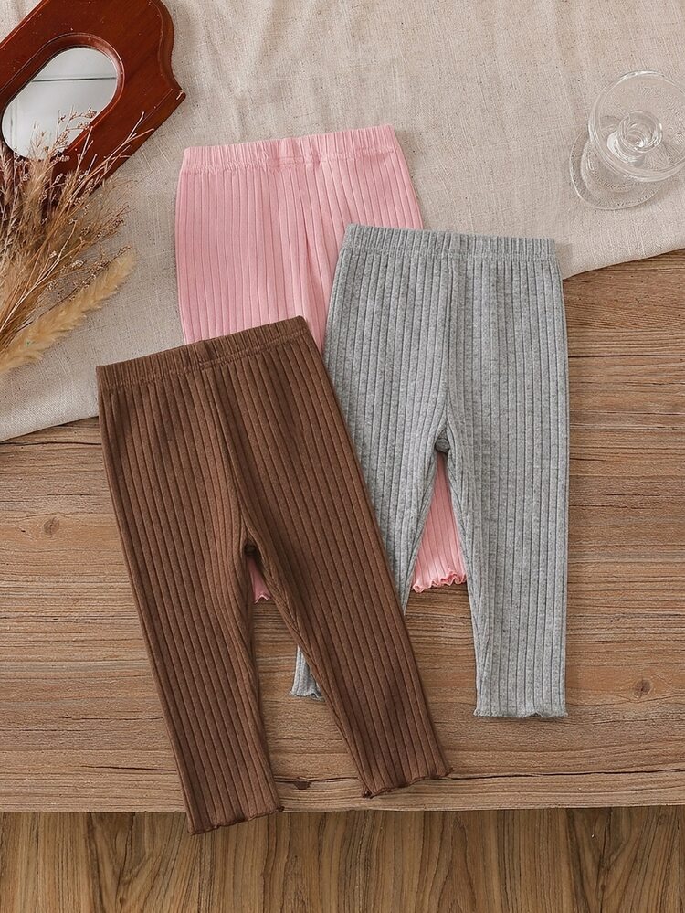 SHEIN Vintaside Kids 3pcs/Set Baby Girls' Leggings Pink And White Striped Autumn Casual Holiday Summer Solid Color Cotton Pants Minimalist Sweet Style Straight Loose Fit - Multicolor - View 2