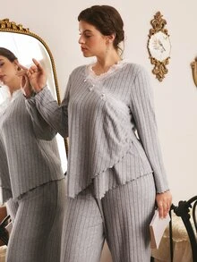 Côtesoire Plus Size Women's Comfortable Ribbed Lace Long Sleeve V-Neck Knit Pajama Set - Light Grey - View 3