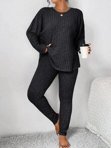 SHEIN Frenchy Ladies Fall Outfits Back To School Workout Set Simple Minimalist Tight Texture Leggings And Long Sleeve Top Set Women Plus Two Pieces Set - Dark Grey - View 6