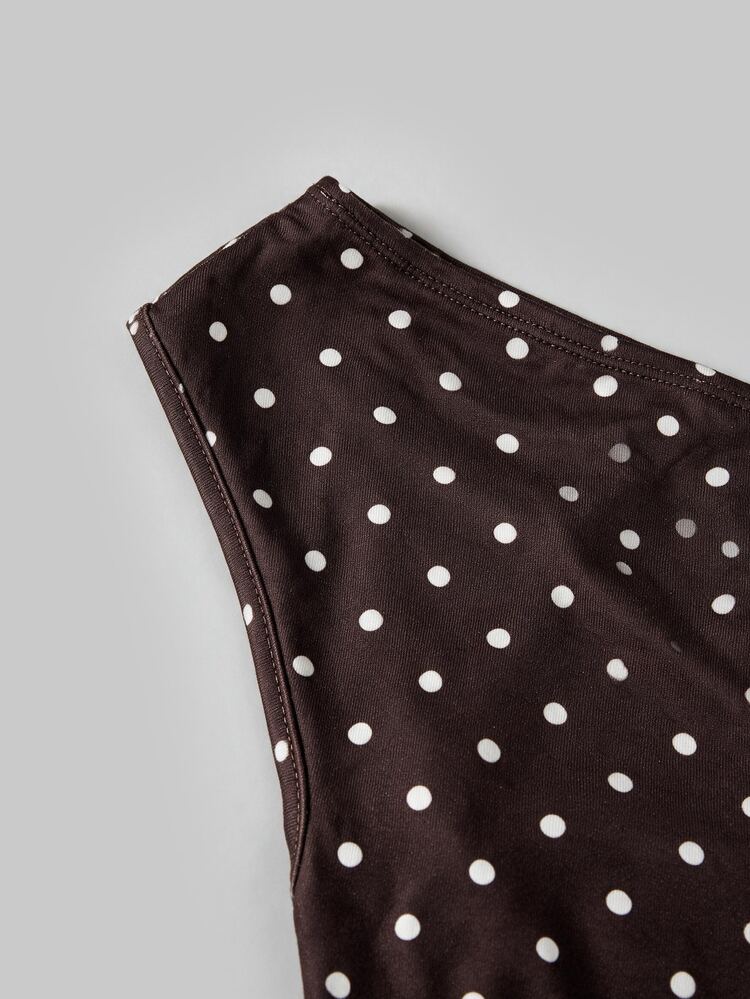 SHEIN MOD Plus Size Women Polka Dot Print One Shoulder Top And Wide Leg Pants Fashion 2 Pieces Set - Brown - View 5