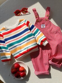 SHEIN 中性新生兒嬰兒男/女寶寶，男嬰2件組秋冬抓絨加厚可愛條紋運動衫套裝，連身衣套裝，萬聖節、聖誕節 - 紅色 - 查看 4
