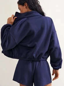 Bohemela Women's Solid Color Zip-Up Long Sleeve Top And Shorts Casual 2 Pieces Set - Navy Blue - View 9