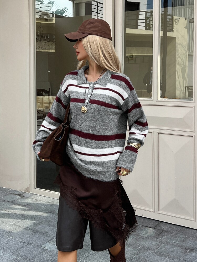 DAZY Women's Loose Striped Pullover Casual Sweater Winter - Grey - View 7